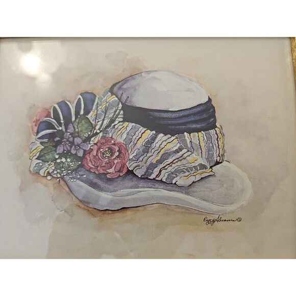 Vintage Peggy Abrams White Victorian Hat Art Print Matted With Gold Frame - Picture 7 of 8
